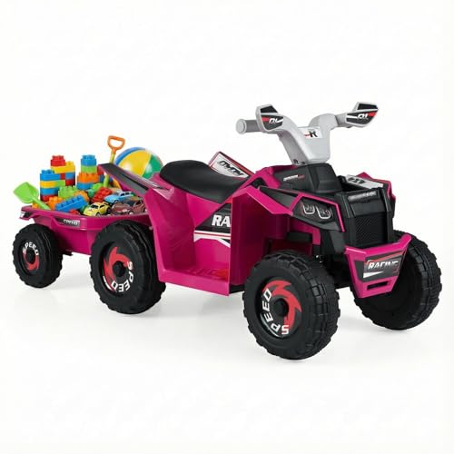 DREAMADE 6V Quad Électrique pour Enfants 3+ Ans, Voiture Électrique Enfants avec Remorque Amovible, Phares, Vitesse 2-3 km/h, Charge 30 kg (Rouge)