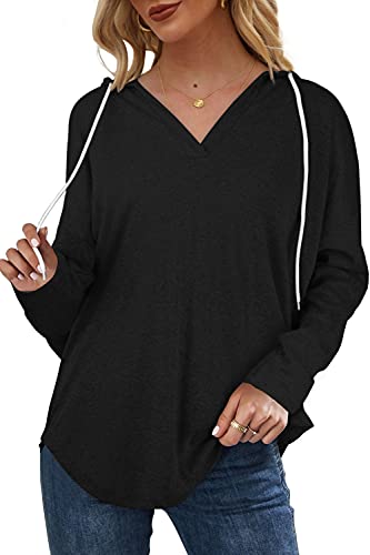 Hooded Sweatshirt Women Casual Oversized Long Sleeve Shirts V Neck Sweaters Loose Fit Lightweight Fall Outfits Black M #TOP1