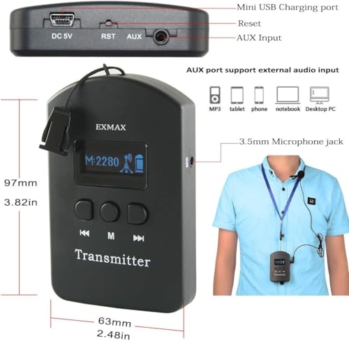 Sistema inalámbrico de transmisión de voz para interpretación simultánea EXMAX EXD-101/EXD-6824, 2,4 GHz, con un solo transmisor miniatura 3