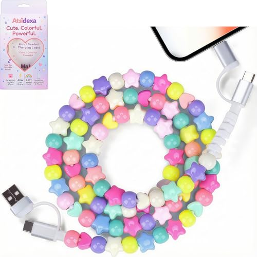 Atsidexa 4-in-1 Stars Beaded Charging Cable, Metal Design, Nicely Packed, 60W Fast Charging, MFi Certified, Cute Colorful Cable, Gift for Girls, Compatible with iPhone, iPad, AirPods, Galaxy, and More
