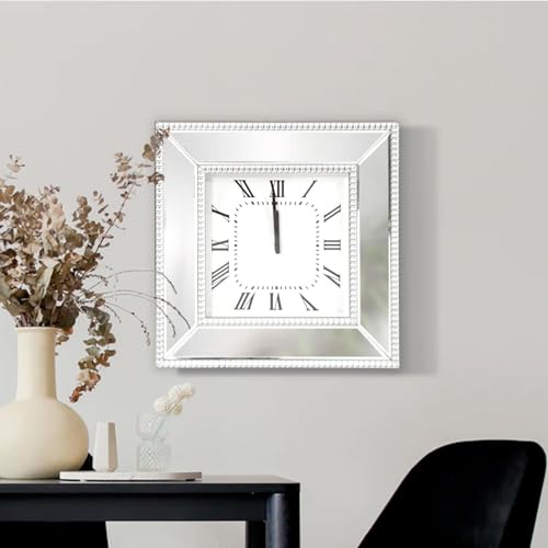 Image of Howard Elliott Collection Decorative Silver Mirrored Finish Wall Clock with Beaded Glass Trim for Home & Office Wall Decoration, Gifting Idea for Wedding, Anniversary & Birthdays, 20 x 20 inch