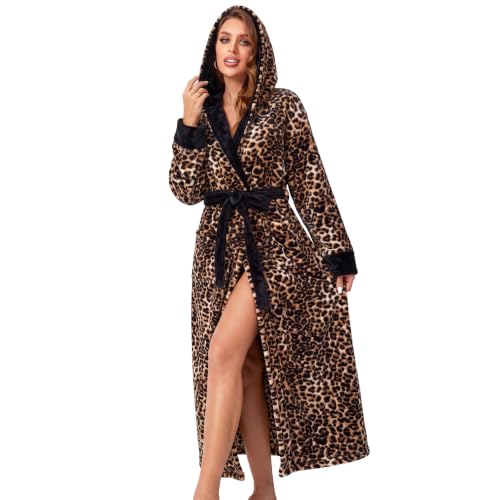 Image of RONGTAI Womens Robes Plush Fleece Hooded Bathrobe Thick Nightgown with Pockets Fluffy Sleepwear