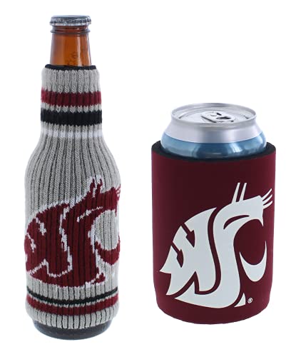 College Team Color Logo Can & Bottle Holder Insulator Beverage Cooler Set (Washington State Cougars - Krazy Holder)