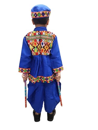 Image of BookMyCostume Blue Gujarati Kedia With A Pair of Dandiya Sticks Combo - Traditional Outfit for Navratri & Festivals | Gujarat Fancy Dress Costume For Kids & Adults 10-11 Years