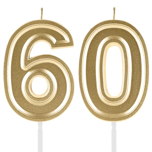 FUNCANDLE 60th Birthday Candles,Gold Number 60 Cake Topper Decoration Men Women Birthday Party Wedding Anniversary Celebration Supplies