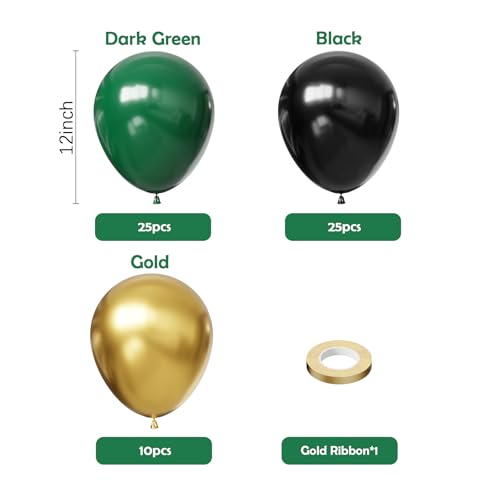 Image of Hiquaty Green and Gold Balloons,60pcs Dark Green Balloons,12 inch Gold Balloons and Black Balloons with Gold Ribbon for St. Patrick's Day Party Wedding Bridal Shower Decorations