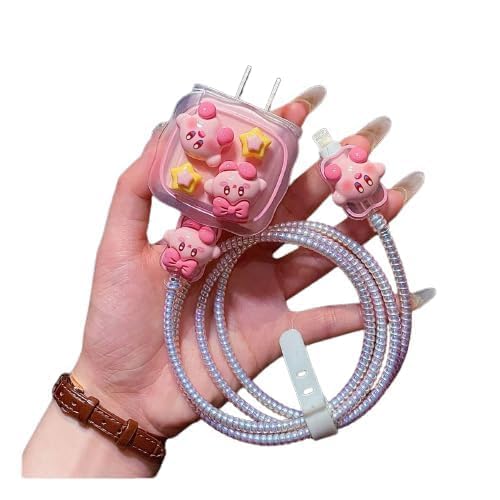 Image of Dezet for iPhone Charger 18-20W Cute Cartoon Charging Cable Protector Set for iPhone Fast Charging USB Cable with Protective Silicone Cover & Organizer Clip Stylish Design (KIRBY PINK 10)
