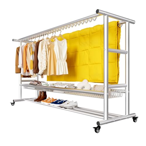 Qcesorib Burro Ropa Resistente con Zapatero, Perchero Burro Doble con Ganchos, Burro Ropa con Ruedas, Perchero Burro Ropa Resistente, Capacidad de Carga de 400 kg, para Vestidor