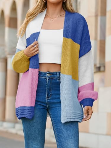 Saodimallsu Womens Color Block Oversized Cardigans Long Lantern Sleeve Open Front Chunky Knit Fall Sweater Coats3