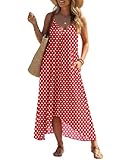 LILBETTER Women V-Neck Polka Dot Print Spaghetti Strap Boho Long Maxi Dresses (Red,Large)