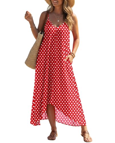 LILBETTER Women V-Neck Polka Dot Print Spaghetti Strap Boho Long Maxi Dresses (Red,Large)