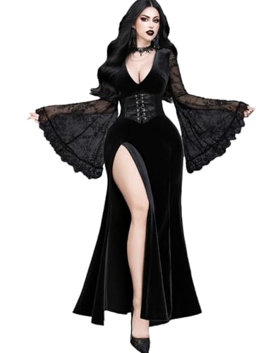 InGoticos Women Gothic V Neck Sexy High Slit Witch Sleeve Wedding Dark Goth Dress Black