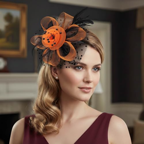 Image of DRESHOW Fascinators Hat Flower Mesh Ribbons Feathers on a Headband and a Clip Tea Party Headwear for Girls and Women
