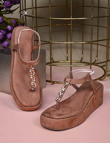 Image of TRYME T-Strap Embellished Wedges Heel Sandals for Women | Soft Suede Comfort Slip-On Sandals for Wedding, Festive & Elegant Styling