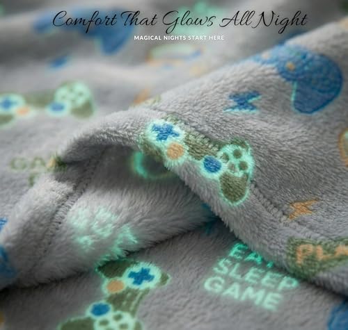 Image of BSB HOME Glow in The Dark Kids Blanket, Soft Flannel Fleece Luminous Blanket for Boys & Girls, Cozy Lightweight Kids Throw for Bed - 42 x 60 in (107 x 152 cm) (Gaming Theme - Slate Grey)