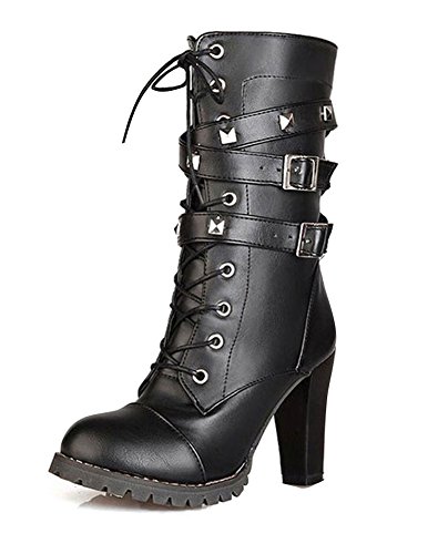 Minetom Femme Mode Rock Rivets Décoration Lacets Bottes Motard Cuir PU Moto Cheville Bottines Chaussures à Talons Hauts Boots Noir EU 39