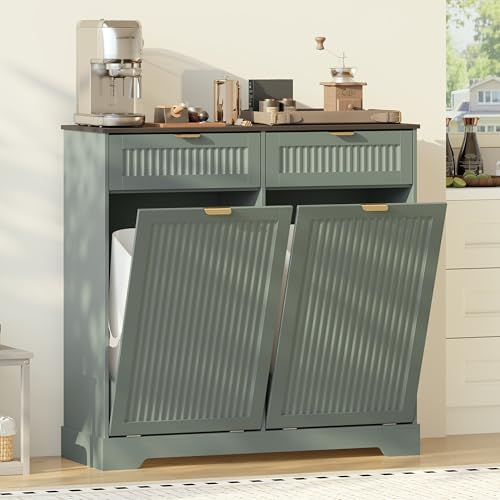 Image of Double 13 Gallon Tilt Out Trash Can Cabinet,Garbage Cabinet with Drawer | Hidden Garbage Storage with Fluted Design, Drawer & Hooks for Kitchen, Dining Room and Small Space Organization,Green