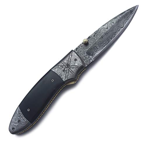 Wolfklinge Handmade Damascus Steel Pocket Knife For Hunting, Survival, Camping, Skinning, Bushcraft, Foldable Full Tang Camel Bone Handle, With Cowhide Leather Sheath - Dcf21-24 #TOP3