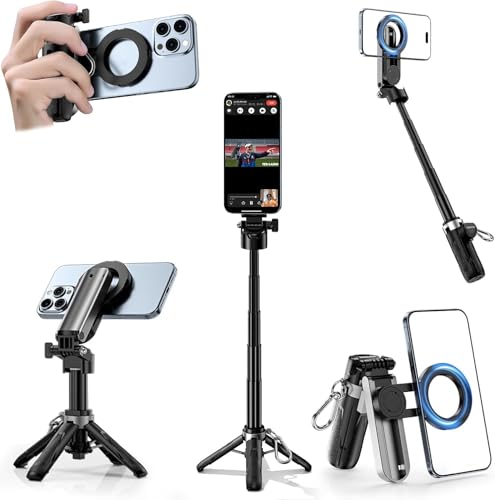 CloudValley Trípode magnético 4 en 1 multifuncional para selfie, mini soporte portátil de bolsillo para teléfono con control remoto desmontable, compatible con MagSafe, para iPhone/Android, vlog de