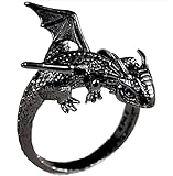 Whimsical Silver Flying Dragon Ring - Unique Animal Shape Design, Adjustable Index Finger Ring for Men or Women, Cute Personality Statement Jewelry, Niche Fashion Accessory (White with Blue/Green Eyes)