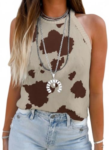 Image of MARZXIN Women Sleeveless Sweater Tank Round Neck Casual Aztec Geometric Knit Sweater Top