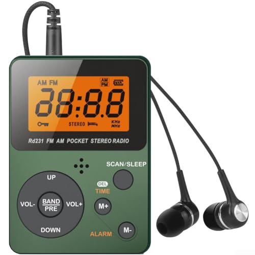 Radio AM/FM portátil compacta con pantalla digital de búsqueda automática, temporizador de sueño, botón de bloqueo, modo estéreo, auriculares para oficina en casa