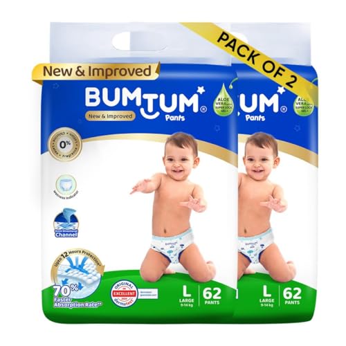 Image of Bumtum Baby Diaper Pants, Large Size, 124 Count, Double Layer Leakage Protection Infused With Aloe Vera, Cottony Soft High Absorb Technology (Pack of 2)