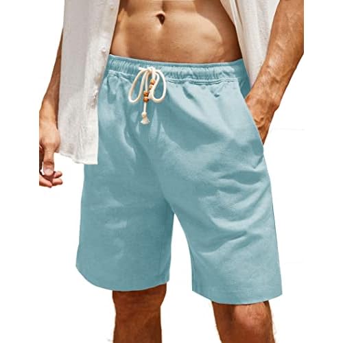 COOFANDY Men's Linen Shorts Casual Elastic Waist Drawstring Summer Beach Shorts Small Celadon Green