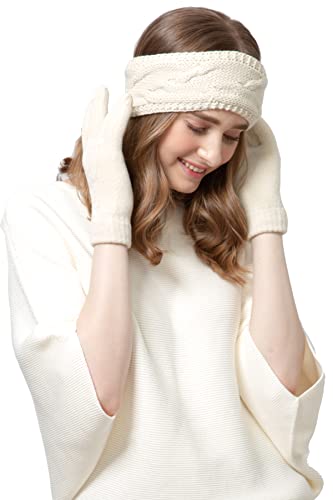 BYOS Womens Winter Cable Plush Warm Fleece Lined Knit Gloves & Headband 2 Pieces Set,Various Styles (Cable Knit Ivory)