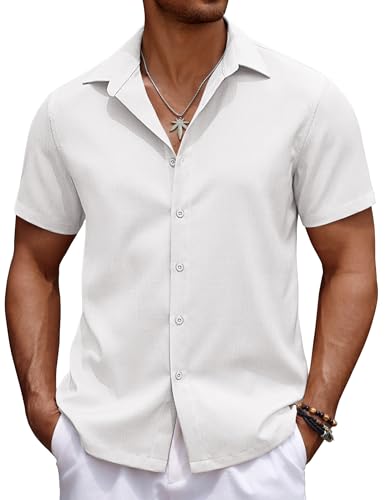 COOFANDY Men's Linen Shirt Button Down Short Sleeve Shirt Summer Beach Resort Shirt Casual Cruise Attire Hawaiian Shirt White