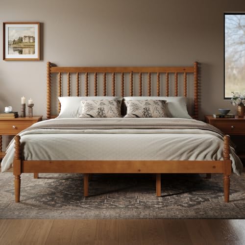 Image of AMERLIFE King Solid Wood Bed with Bobbin Spindle Headboard, Brown