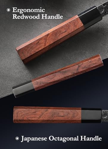 HEZHEN Scharfes Fleischmesser aus Verkleideter Stahl, Handgeschmiedetes Tranchiermesser Schinkenmesser für Fleisch BBQ Grill, Achteckiger Redwood-Griff