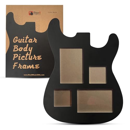 Rise8 Studios Guitar Body Multi-Photo Frame - Holds 4 Pictures (Two 4x6, Two 3x3), Durable MDF Wood, Shatterproof Acrylic - 3 Colors - Unique Musician Gifts, 3-Way Wall Mount (Black)