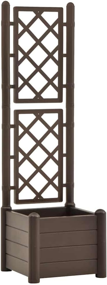 Large Mocha Polypropylene Garden Planter with Trellis 16.9 x 16.9 x 55.9 in UV-Resistant Matte Raised Planter Box for Climbing Plants, Balcony Patio Outdoor Use