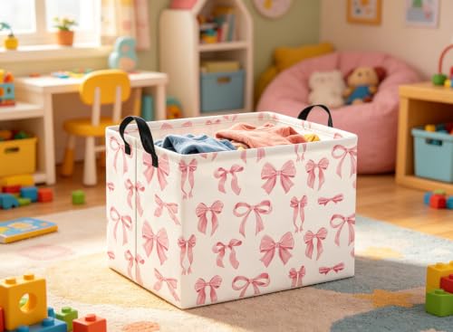 Image of Rectangular Baby Kids Storage Basket for Home Kitchen Girls Cute Toy Storage Bin Organizer Shelf Book Room Decor(Silk Bowknot)