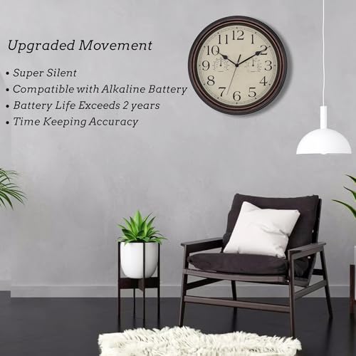 Image of Foxtop Indoor Outdoor Waterproof Wall Clock with Thermometer and Hygrometer Combo, 14 Inch Retro Silent Non-Ticking Battery Operated Quartz Round Outdoor Clocks for Patio Home Office (Bronze)