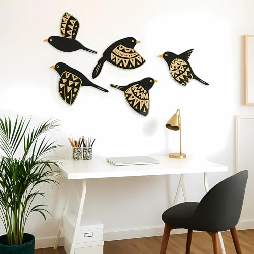 Image of GiftOday Wooden 3D 5 Pieces Birds for Wall Art Panel | Wood Bird Folk Art Wall Hanging Art Decoration Item for Living Room, Bedroom, Drawing Room, Dining Room & Office (Black) Pack of 1