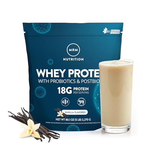 MRM Nutrition Whey Protein - Vanilla Flavored, Microfiltered Whey Protein Isolate & Concentrate, 16 Different Probiotic Strains, BCAAs, & Digestive Enzymes, Gluten Free, for Women & Men - 85 Servings