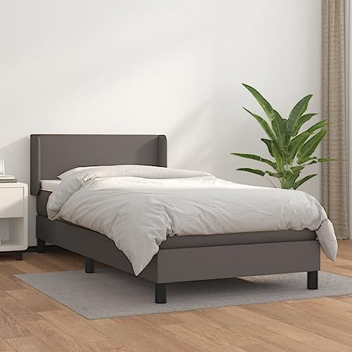 YunCangg Cama con somier con marco de piel sintética y cabecero, 90 x 190 cm, incluye colchón de muelles ensacados y cubrecolchón, cama tapizada gris con estructura estable