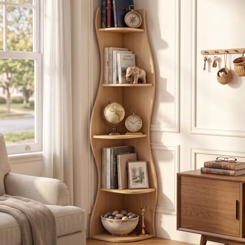 KEIKI 63" Unique Curved Bookshelf, 5-Tier Corner Bookcase w/Shelf, Natural - image 1