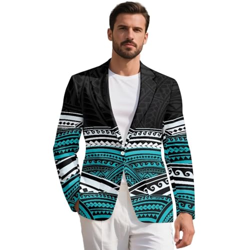 AQYAPTOIY Polynesian Tattoo Casual Blazer for Men 5XL Big and Tall Blue Sports Jacket with One Button Closure Suit Jacket Breathable Soft Sport Coat for Party Prom Wedding
