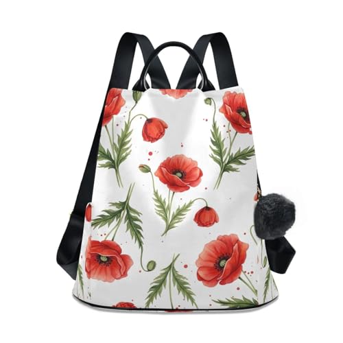 Sac à dos coquelicot rouge et feuilles vertes à pompon