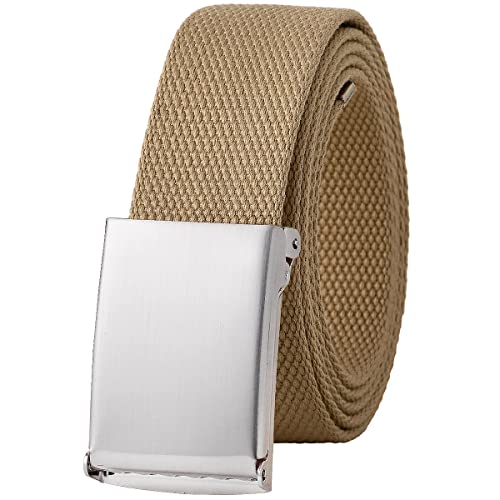 Falari Canvas Web Belt Fully Adjustable Cut to Fit Golf Belt Flip Top Silver Buckle - Beige