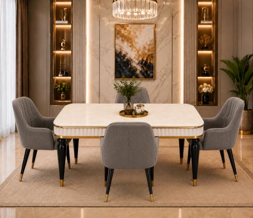 Image of 4 Seater Dining Table Set with Nano Composite Marble Top, Solid Wood Base & 4 Upholstered Chairs, Modern Dining Table Set for Home & Dining Room Furniture (Gray, White Marble Top, 4 Seater)