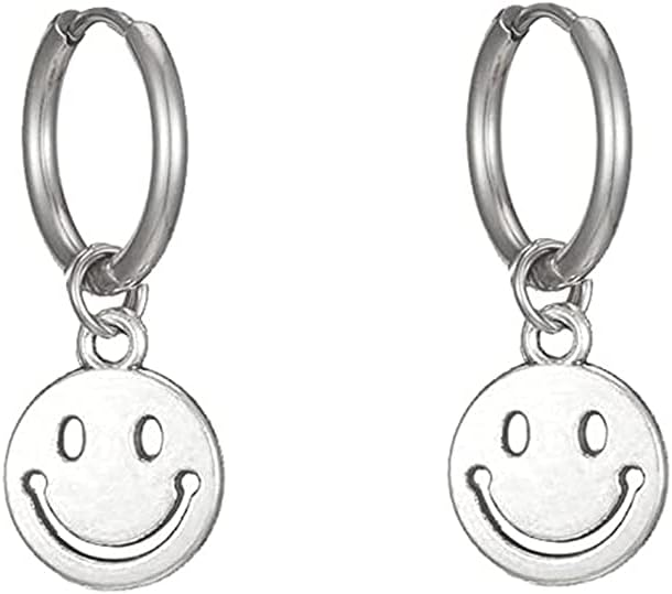 Round Smiley Coin Dangle Drop Small Hoop Earrings for Women Girls Men Stainless Steel Cute Charms Circle Happy Face Disc Vintage Huggie Hoops Cartilage Cuff Clip Earring Hypoallergenic Jewelry