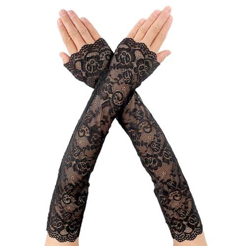 Photo de DIVINA VITAE Gants longs en dentelle noire, sans doigts, pour femme, avec motif floral, pour fête de mariée, robe de bal de fin d'année, opéra