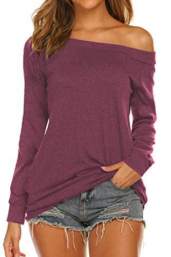 Loose Fitting Tops for Women Long Sleeve Off The Shouler Tops Purplish Red M