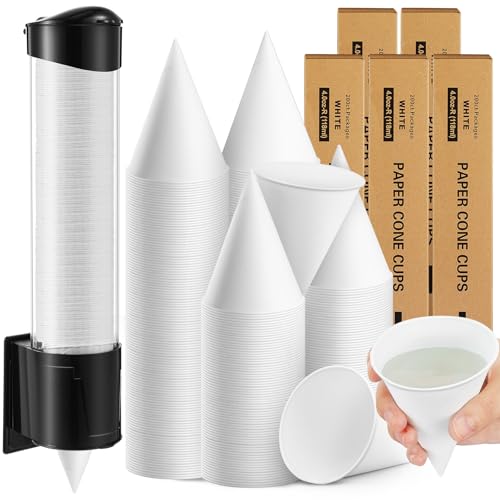Roshtia 1000 Pcs 4 oz Snow Cone Cups Paper Thicken Disposable with 1 Cups Dispenser Pull Type Wall Mount Cup Holder Paper for Restaurants, Home, and Office, and Shaved Ice, Cold (White)