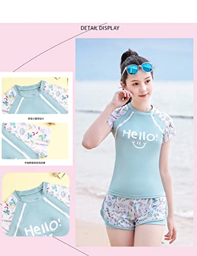 Image of Girls Short Sleeve Rash Guard Sets Swimsuits Two-Piece Beach Swimwear Quick Dry Bathing Suits UPF 50+ 8-16 Years