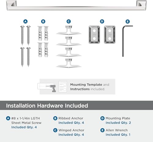 Image of Amerock Mulholland 24 inch Polished Nickel Towel Bar | Decorative bathroom hardware in durable Zinc /Stainless Steel construction; mounting hardware included for easy installation